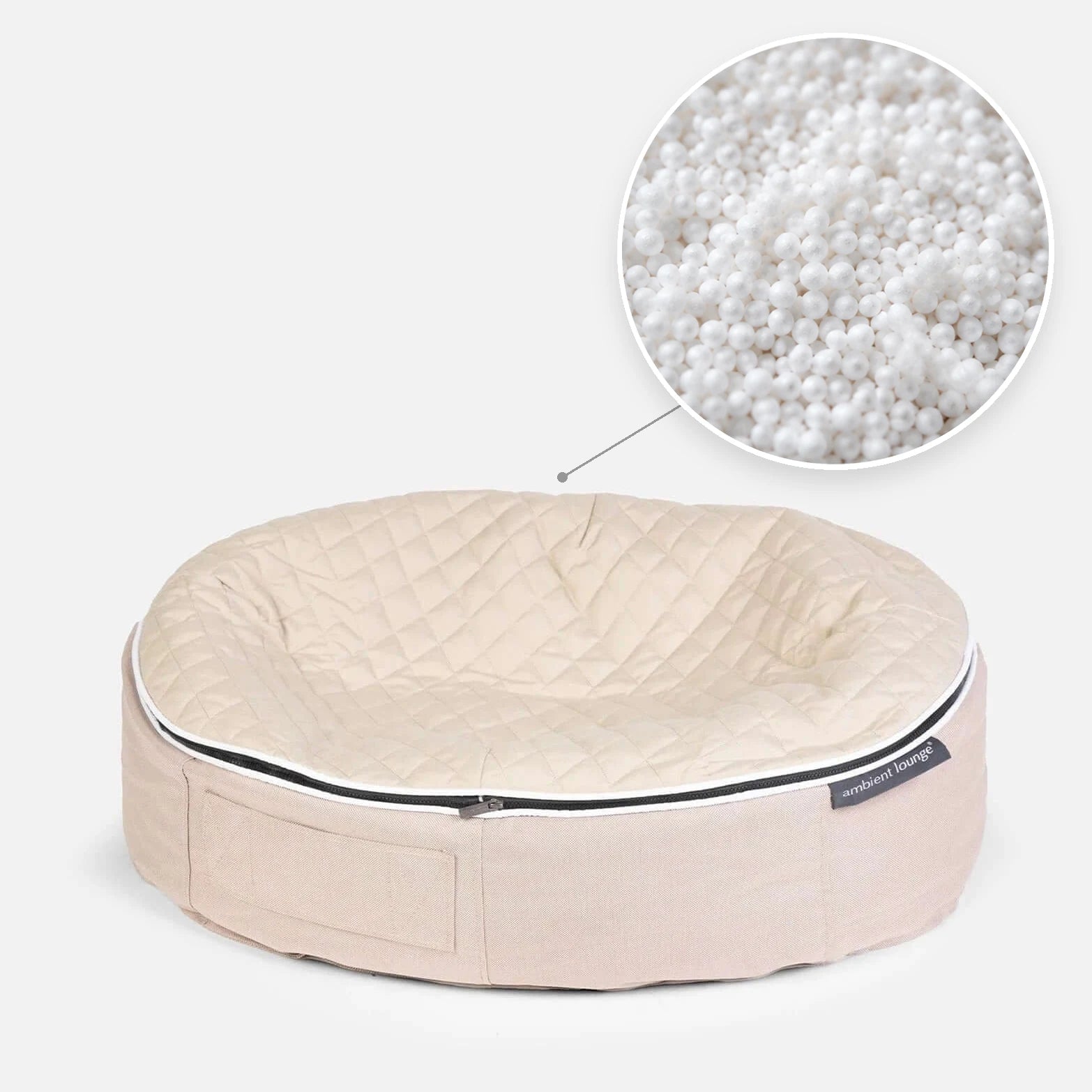 Hundeseng Sandstorm Thermo Quilt Beige XL med detalj av perlefyll i sirkel