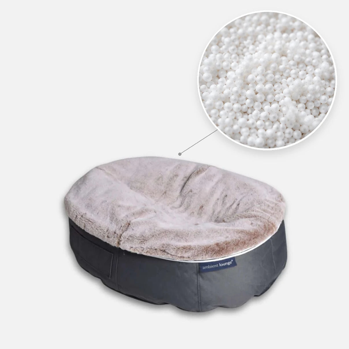 Hundeseng  Supernova Cappuccino  M med detalj av perlefyll i sirkel