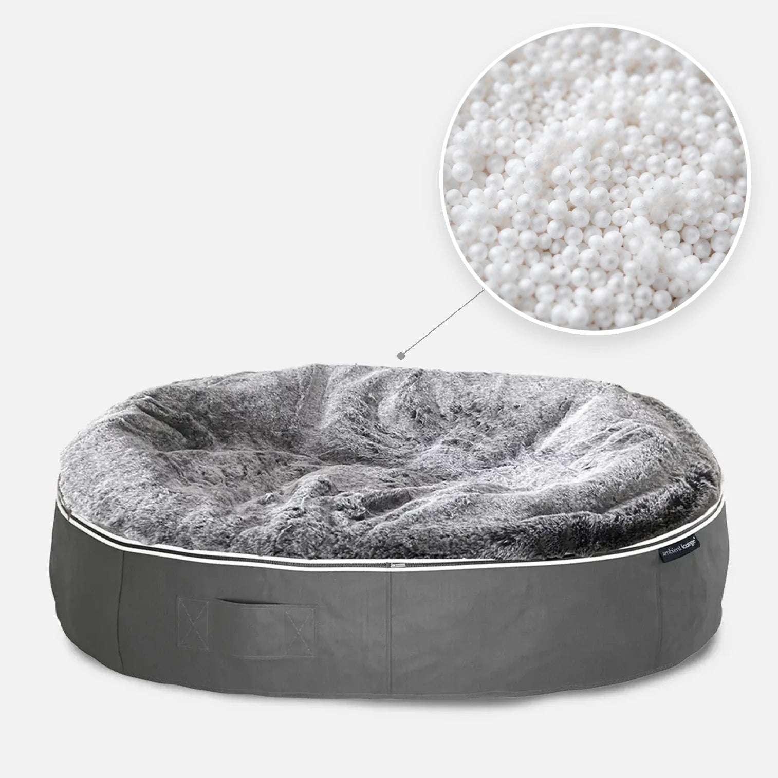 Hundeseng Supernova  Silken Gray XL med detalj av perlefyll i sirkel